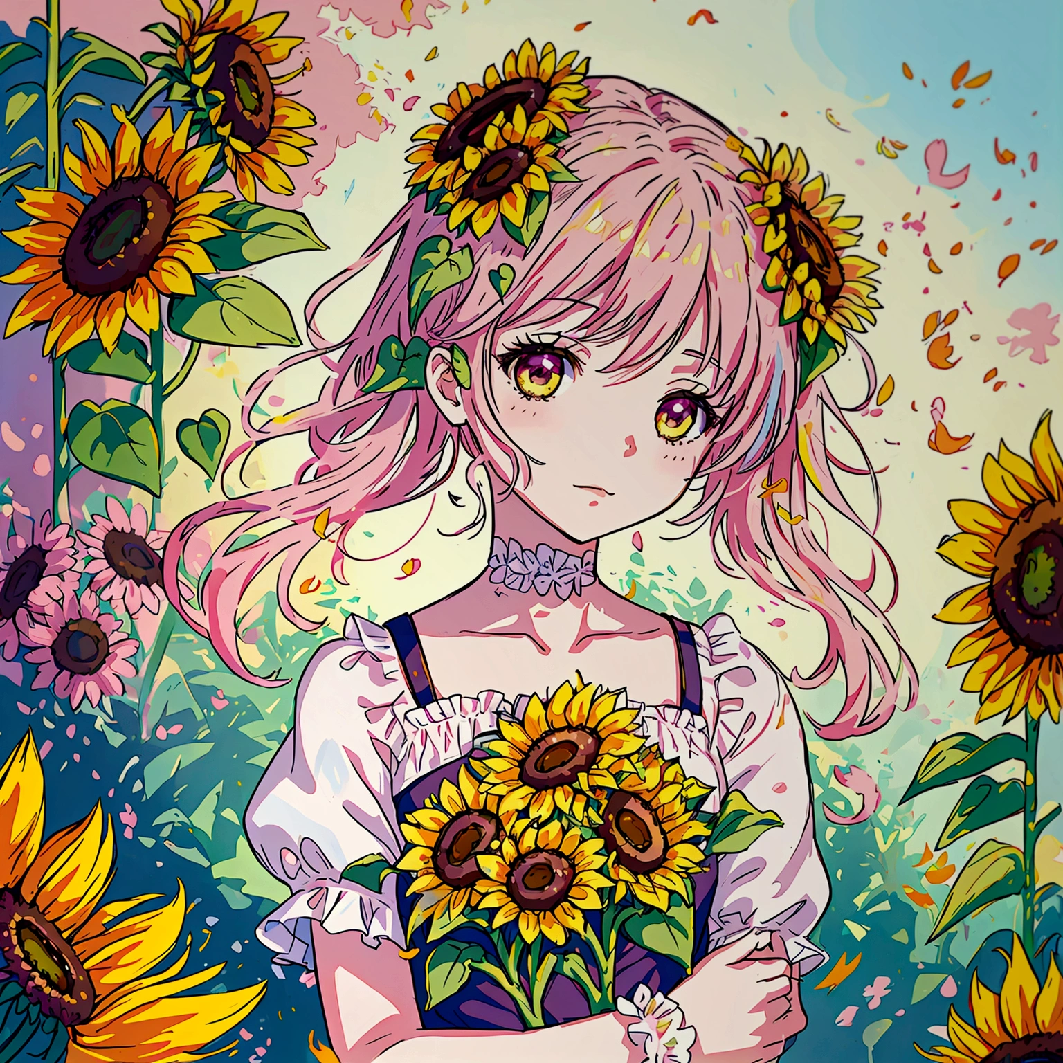 A girl drowns in sunflowers, flower spirit, entangled petals, kawaiitech, pastel colors, kawaii, cute colors