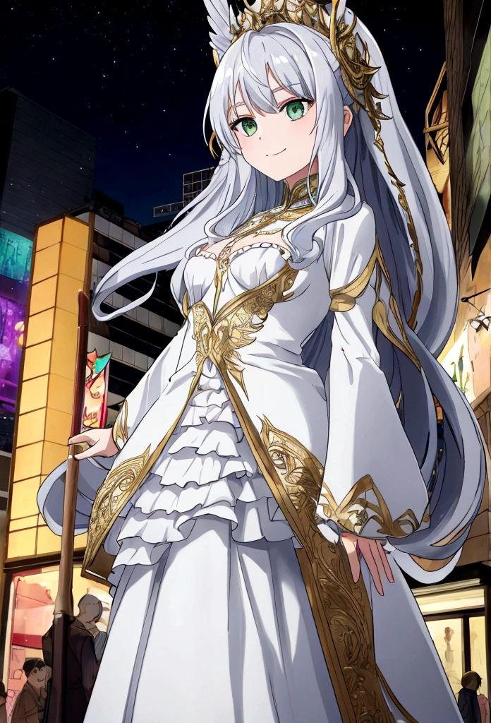 masterpiece, best quality, absurd, Solitary,
Long hair, curls, Silver Hair, Green Eyes, Medium breasts, White Dress, Charming smile, Clothes that are too small,
Bokeh, street, night, Looking at the audience, crowd,