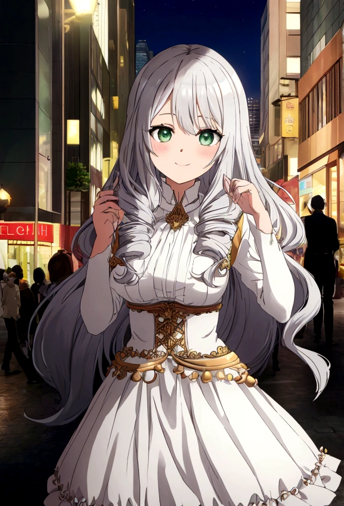 masterpiece, best quality, absurd, Solitary,
Long hair, curls, Silver Hair, Green Eyes, Medium breasts, White Dress, Charming smile, Clothes that are too small,
Bokeh, street, night, Looking at the audience, crowd,