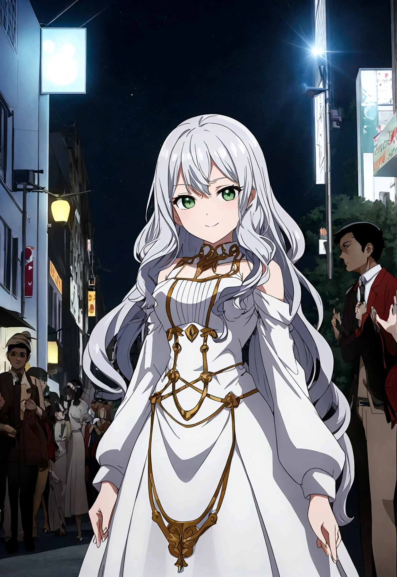 masterpiece, best quality, absurd, Solitary,
Long hair, curls, Silver Hair, Green Eyes, Medium breasts, White Dress, Charming smile, Clothes that are too small,
Bokeh, street, night, Looking at the audience, crowd,