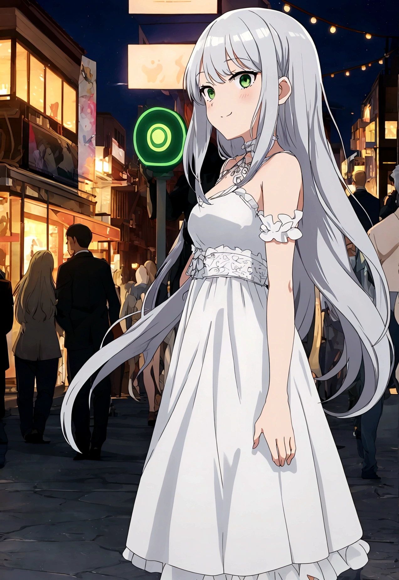 masterpiece, best quality, absurd, Solitary,
Long hair, curls, Silver Hair, Green Eyes, Medium breasts, White Dress, Charming smile, Clothes that are too small,
Bokeh, street, night, Looking at the audience, crowd,