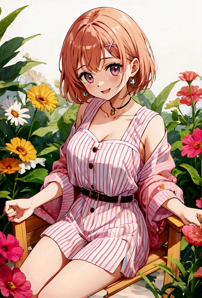kawaii,cute,
1 girl, solo,
peach hair, ducktail, bangs, hair ornament,
chocolate eyes,
drink,
dutch angle,
excited,
Striped shirt dress with belt,
large breasts,
BREAK
simple background