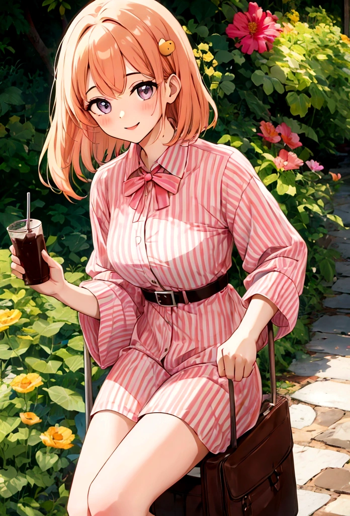 kawaii,cute,
1 girl, solo,
peach hair, ducktail, bangs, hair ornament,
chocolate eyes,
drink,
dutch angle,
excited,
Striped shirt dress with belt,
large breasts,
BREAK
simple background