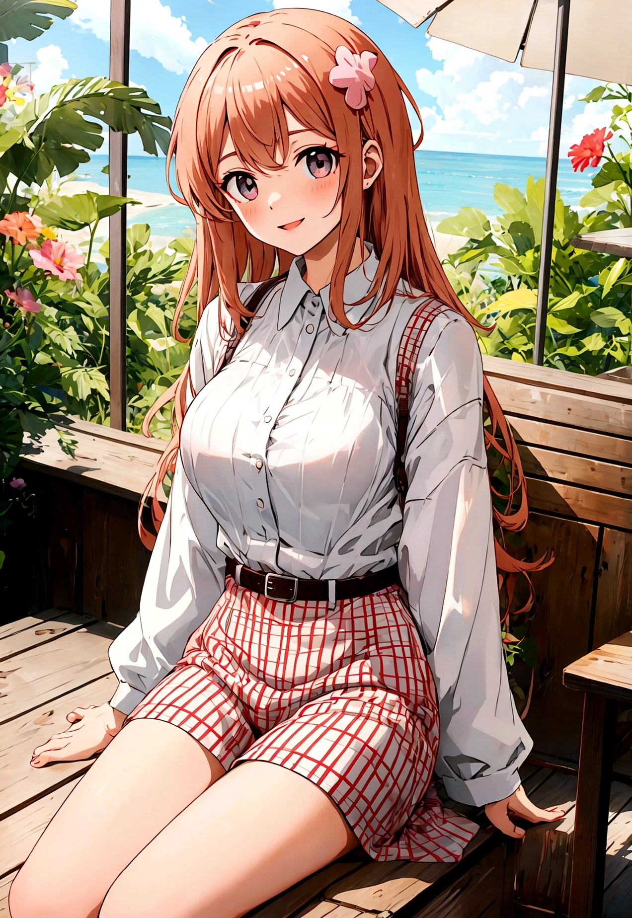 kawaii,cute,
1 girl, solo,
peach hair, ducktail, bangs, hair ornament,
chocolate eyes,
drink,
dutch angle,
excited,
Striped shirt dress with belt,
large breasts,
BREAK
simple background