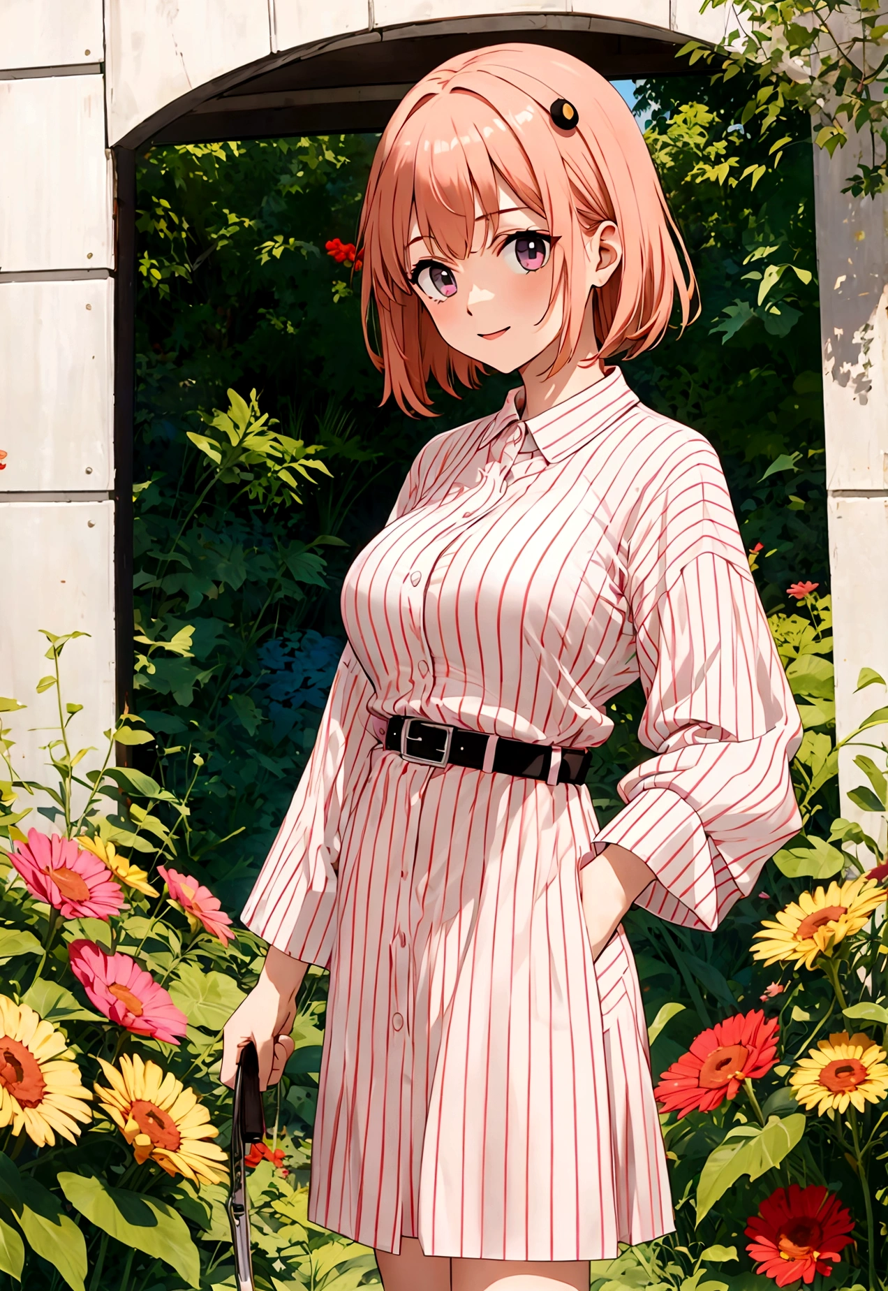 kawaii,cute,
1 girl, solo,
peach hair, ducktail, bangs, hair ornament,
chocolate eyes,
drink,
dutch angle,
excited,
Striped shirt dress with belt,
large breasts,
BREAK
simple background