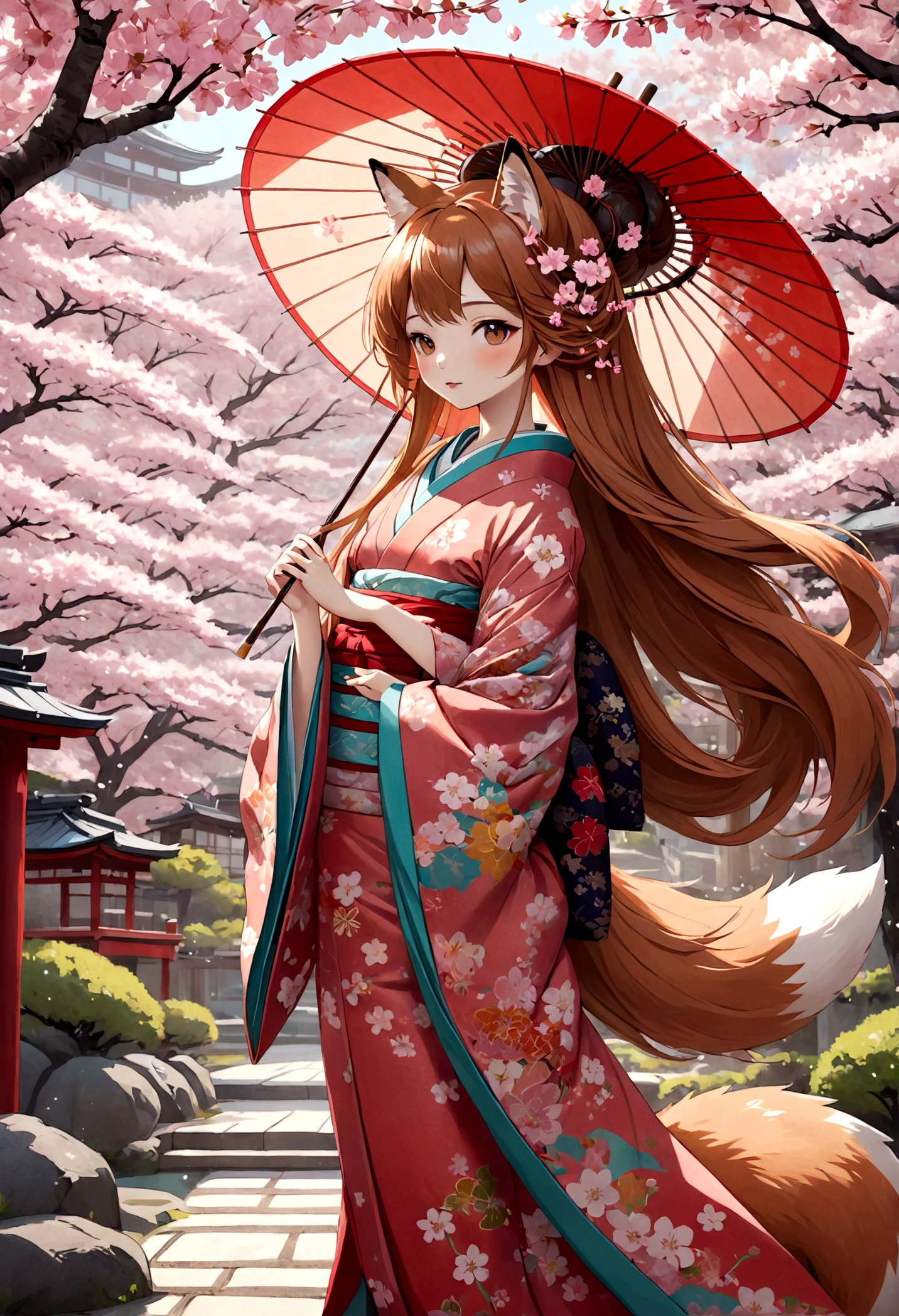 Illustration of a fox girl wearing traditional Japanese kimono, With detailed floral patterns and bright colors. She is long, The flowing hair is dotted with delicate cherry blossoms, She held a decorative paper parasol, Standing elegantly against the backdrop of a tranquil cherry blossom garden