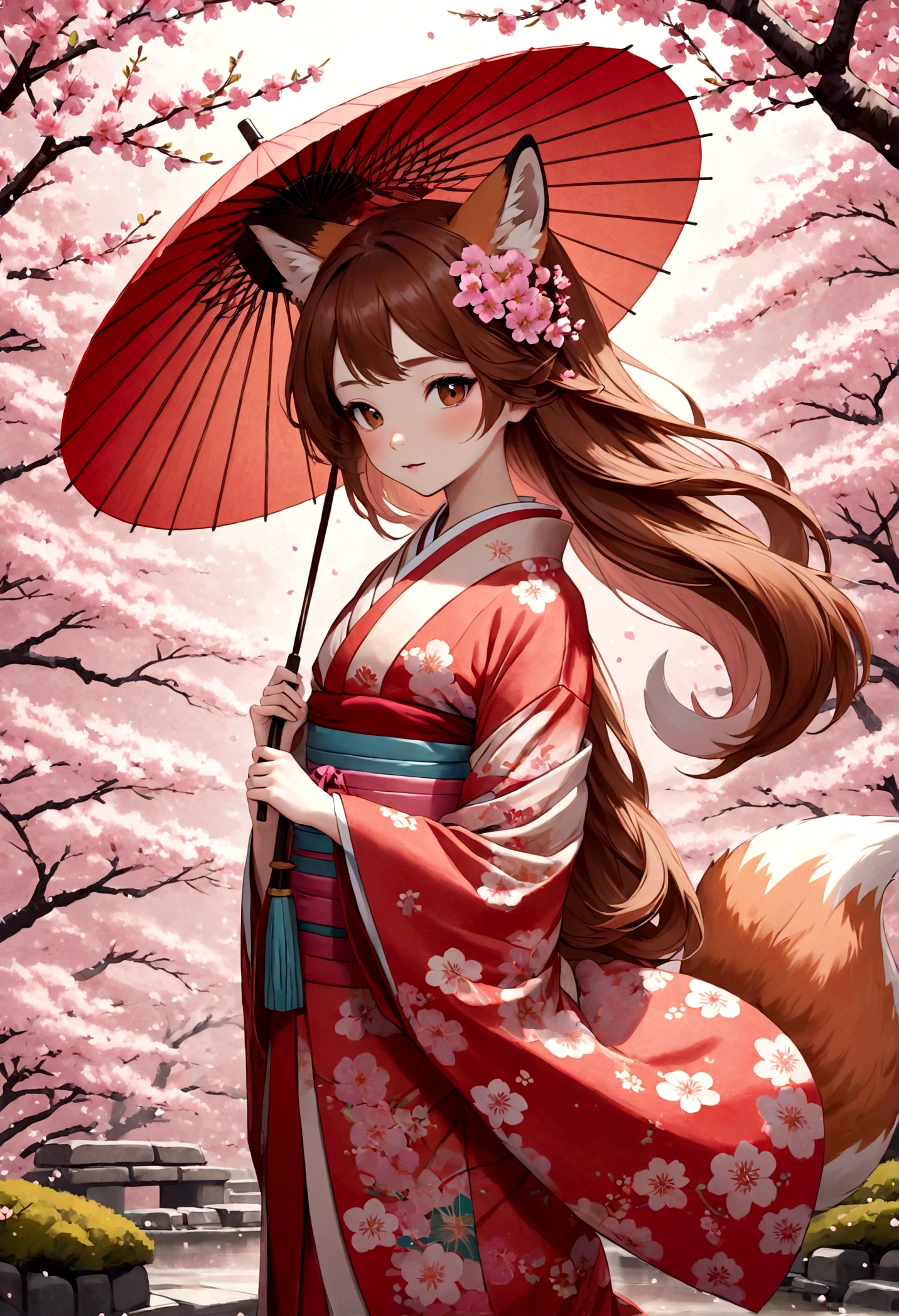 Illustration of a fox girl wearing traditional Japanese kimono, With detailed floral patterns and bright colors. She is long, The flowing hair is dotted with delicate cherry blossoms, She held a decorative paper parasol, Standing elegantly against the backdrop of a tranquil cherry blossom garden