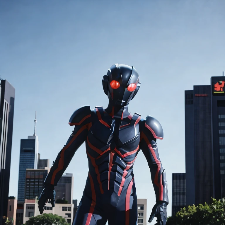 (masterpiece, best quality:1.2), 1boy, solo, alien, over building, giant, dark, evil, black suit