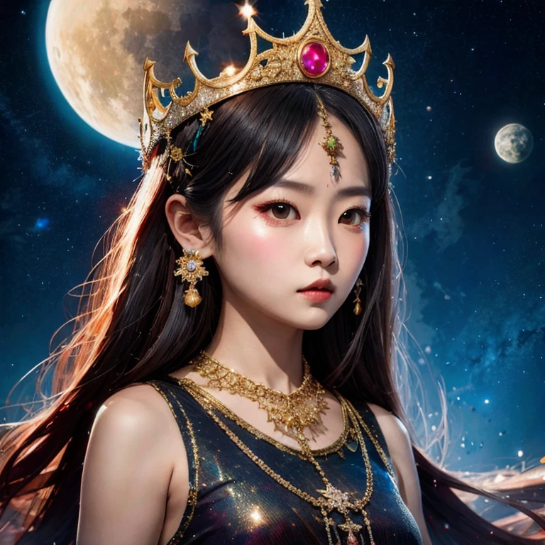 there is a girl with a crown on her head and a necklace, inspired by Jin Nong, artwork in the style of guweiz, guweiz, portrait anime space cadet girl, inspired by Leng Mei, inspired by Ai Xuan, cyborg goddess in cosmos, lunar themed attire, inspired by Wang Meng, guweiz masterpiece(masterpiece, best quality:1.2), 1 girl, solo