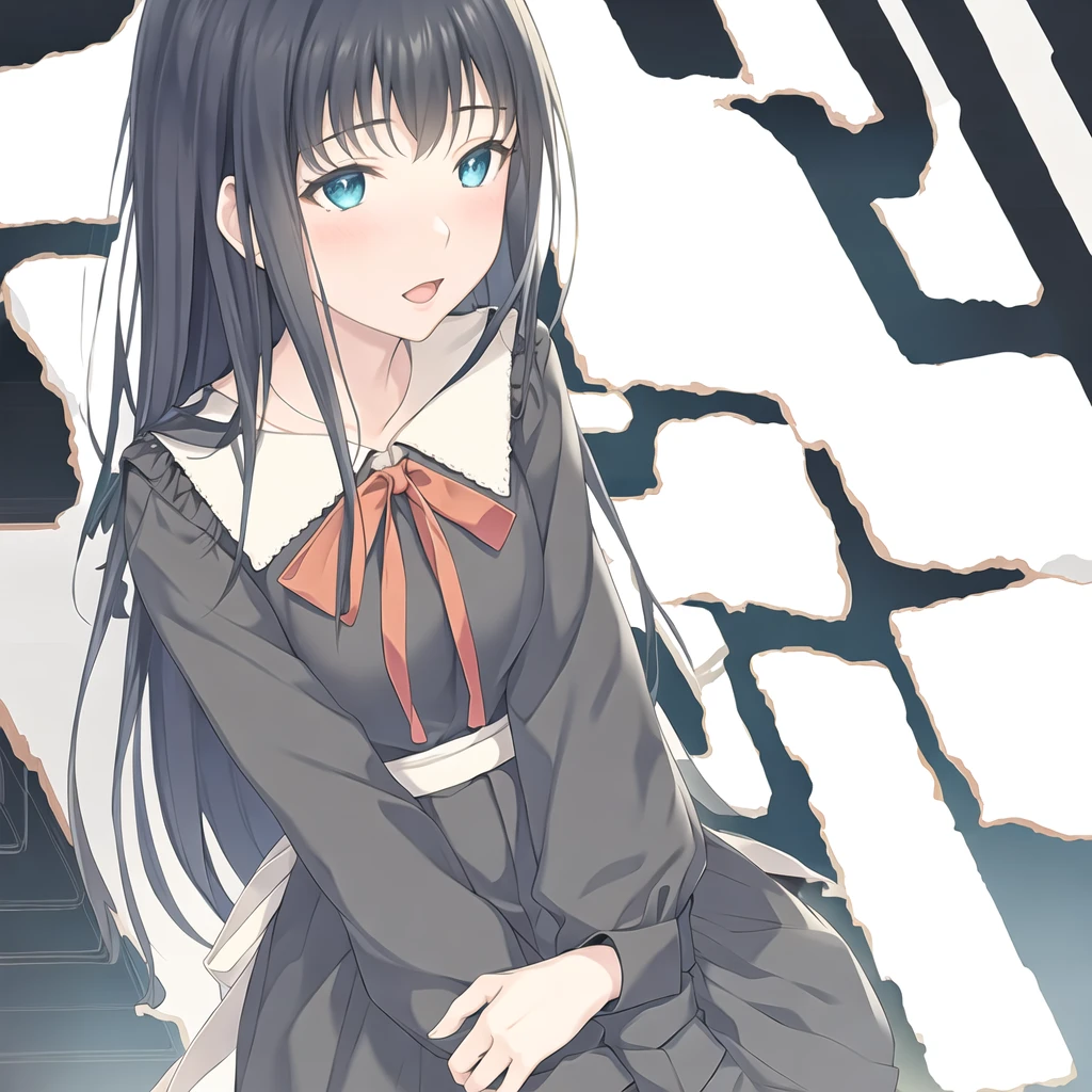 (masterpiece, best quality:1.2), 1girl, solo, black hair, eyebros visible through hair, frills, long hair, (long sleeves), neck ribbon, red neckwear, red ribbon, sailor collar,