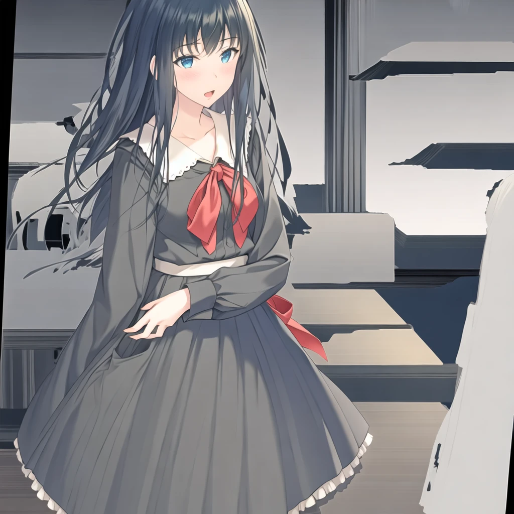 (masterpiece, best quality:1.2), 1girl, solo, black hair, eyebros visible through hair, frills, long hair, (long sleeves), neck ribbon, red neckwear, red ribbon, sailor collar,
