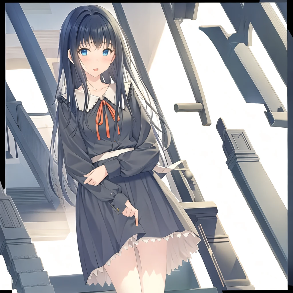 (masterpiece, best quality:1.2), 1girl, solo, black hair, eyebros visible through hair, frills, long hair, (long sleeves), neck ribbon, red neckwear, red ribbon, sailor collar,