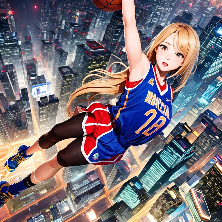(masterpiece, best quality:1.2), 1girl, solo、(masterpiece), (highest quality),、A female basketball player jumps from the ground to a basketball goal on the top floor of a skyscraper and hangs from the goal after making a dunk shot、、A small view of the city below、Dynamic Movement、Shooting from above、City of night、looking at the camer、