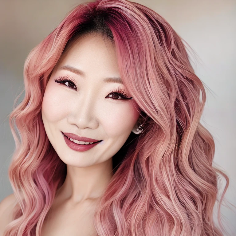Realistic photo of a beautiful mature Asian woman, sultry with long dark pink blonde hair, roots of hair slightly bleached, Asian, influencer, light black Asian eyes, light makeup, dark lips, smile, instagram, hyperdetailed photography, soft light, head and shoulders portrait, slight cleavage, cover