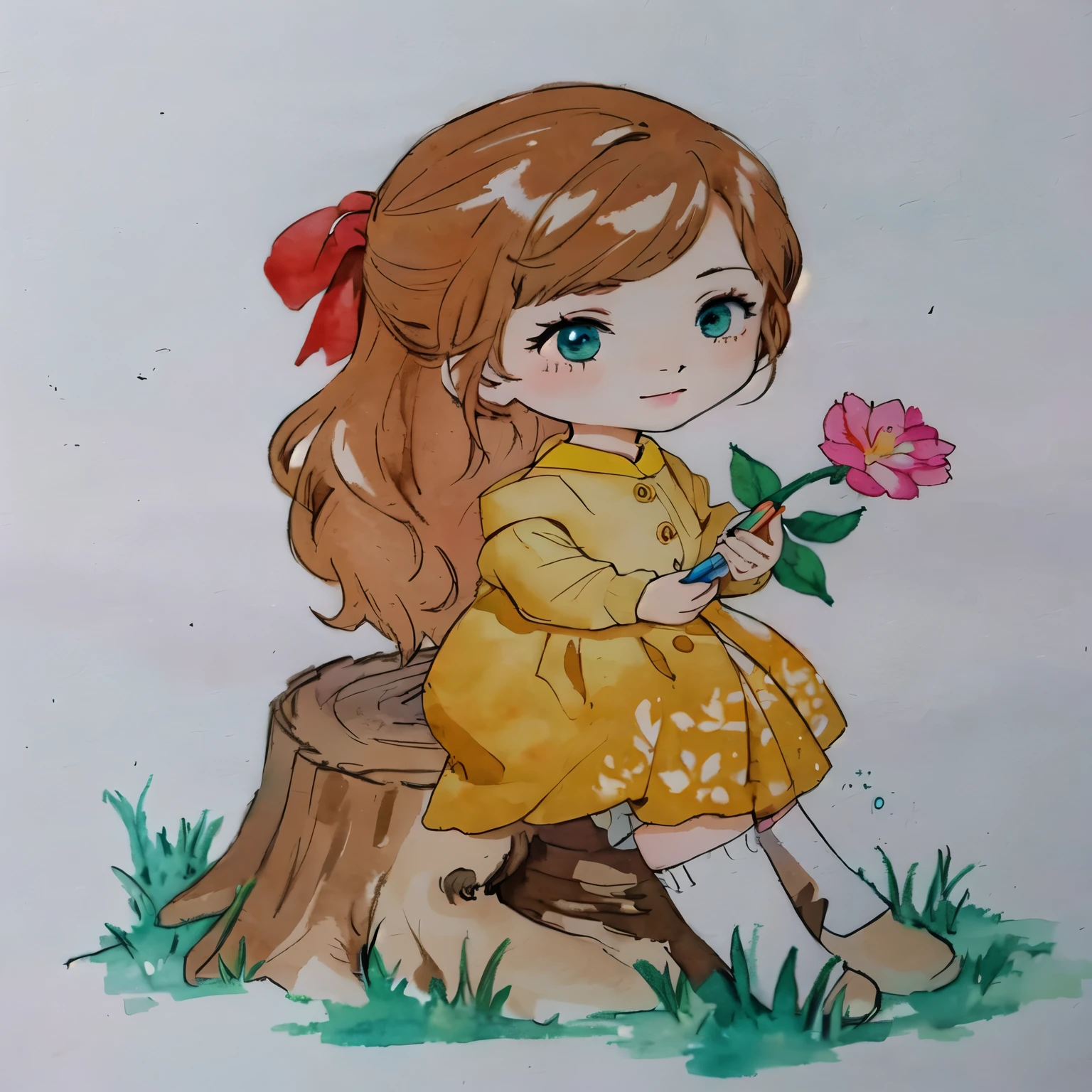 a close-up of a drawing of a girl sitting on a tree stump, usando sapatas marrom, desenho colorido, water color and pen, desenho colorido, inspirado em Claire Hummel, pintura colorida em aquarela, water color on paper, full desenho colorido, por Ilka Gedő, Aquarela, water color, water color, a colored pencil drawing, water color painting, Pintura aquarela