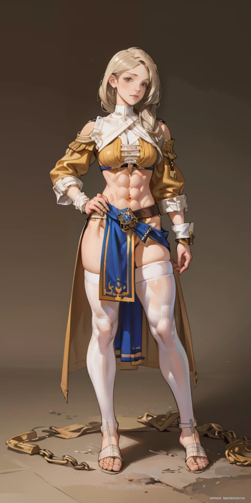 full body toe to head, masterpiece, 1soloMILF BIMBO standing loincloth pose, leather collar choker neck bell shackles wristbands bracers bracelets sleeves and stockings, strong body, abs, shiny skin (masterpiece, best quality) 1girlsolo wearing 40K Warhammer sisters of battle whsororitas (plain background)