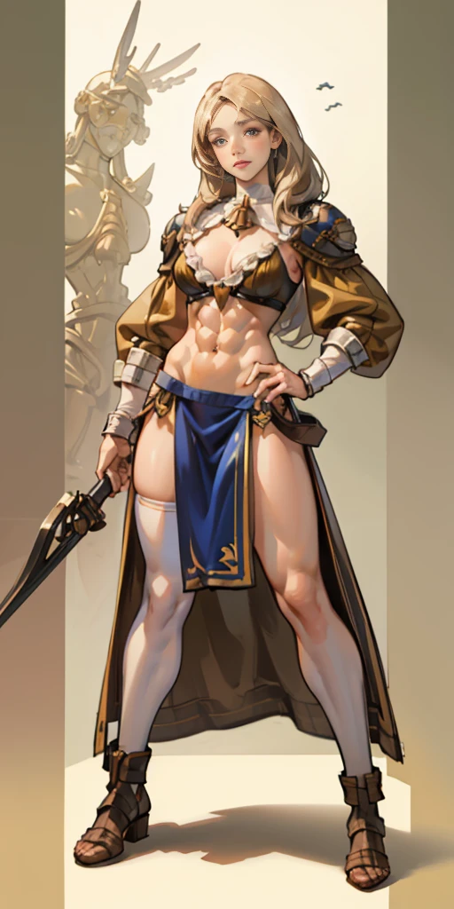 full body toe to head, masterpiece, 1soloMILF BIMBO standing loincloth pose, leather collar choker neck bell shackles wristbands bracers bracelets sleeves and stockings, strong body, abs, shiny skin (masterpiece, best quality) 1girlsolo wearing 40K Warhammer sisters of battle whsororitas (plain background)