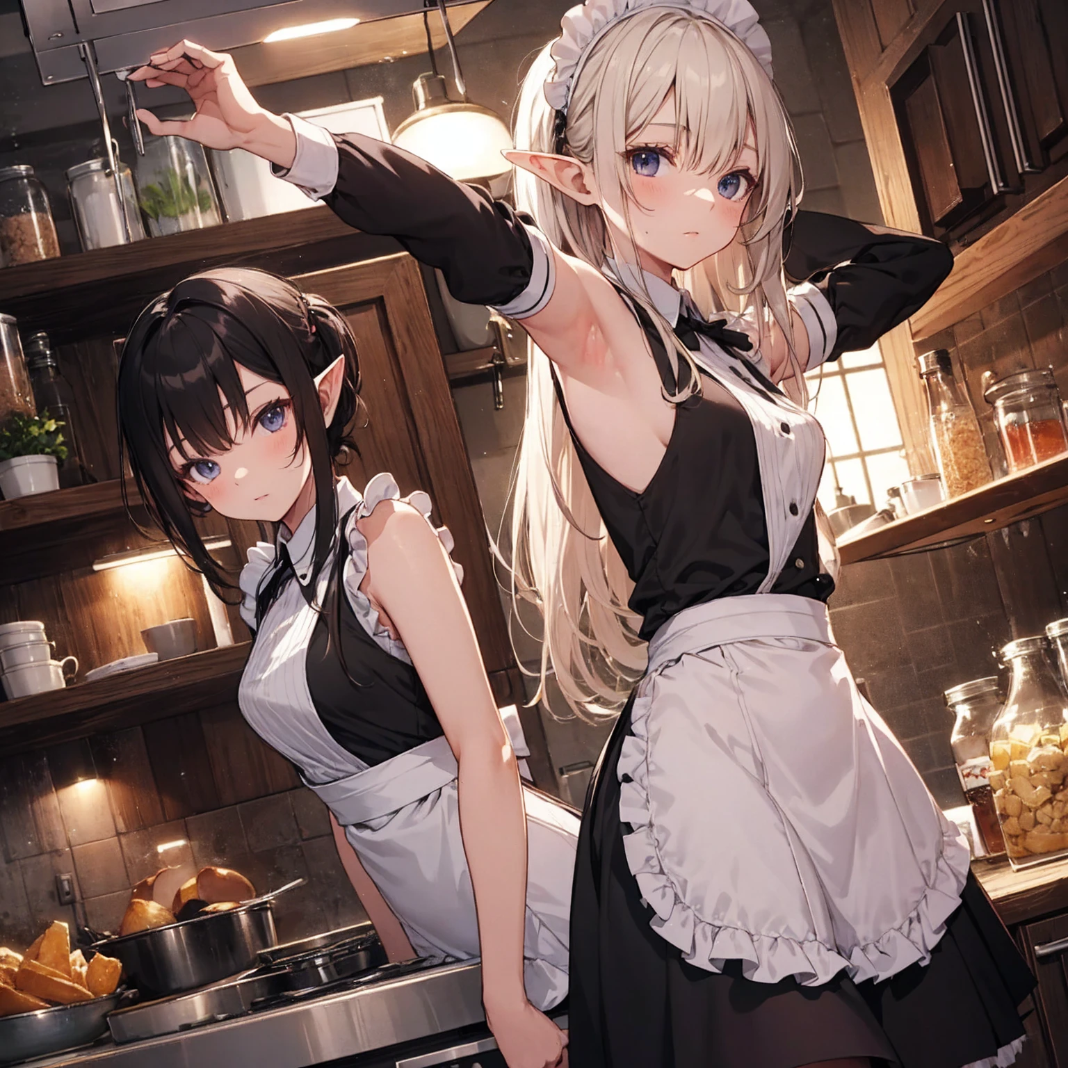 A maid, (in kitchen), various hair styles, night, details face, short skirt, seducing, sleeveless, maid uniform, armpits, elf