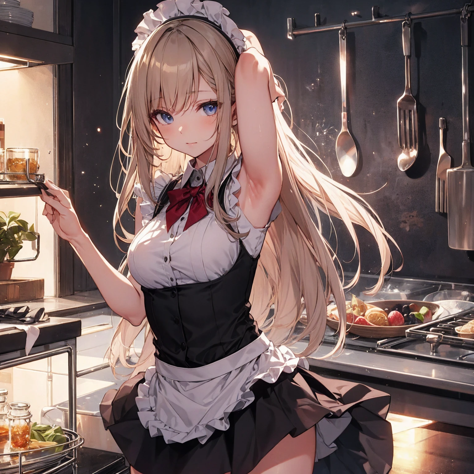 A maid, (in kitchen), various hair styles, night, details face, short skirt, seducing, sleeveless, maid uniform, armpits, elf