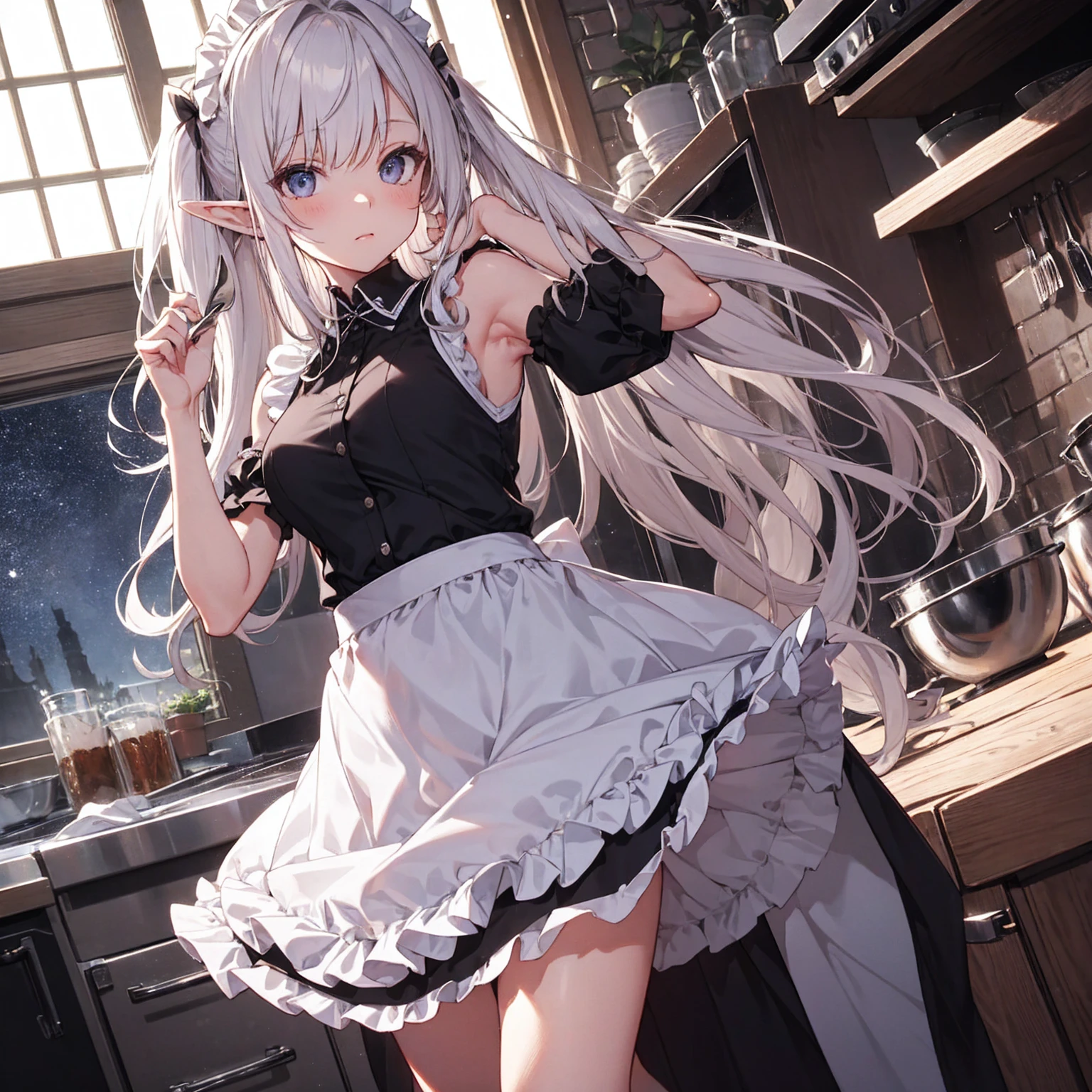 A maid, (in kitchen), various hair styles, night, details face, short skirt, seducing, sleeveless, maid uniform, armpits, elf