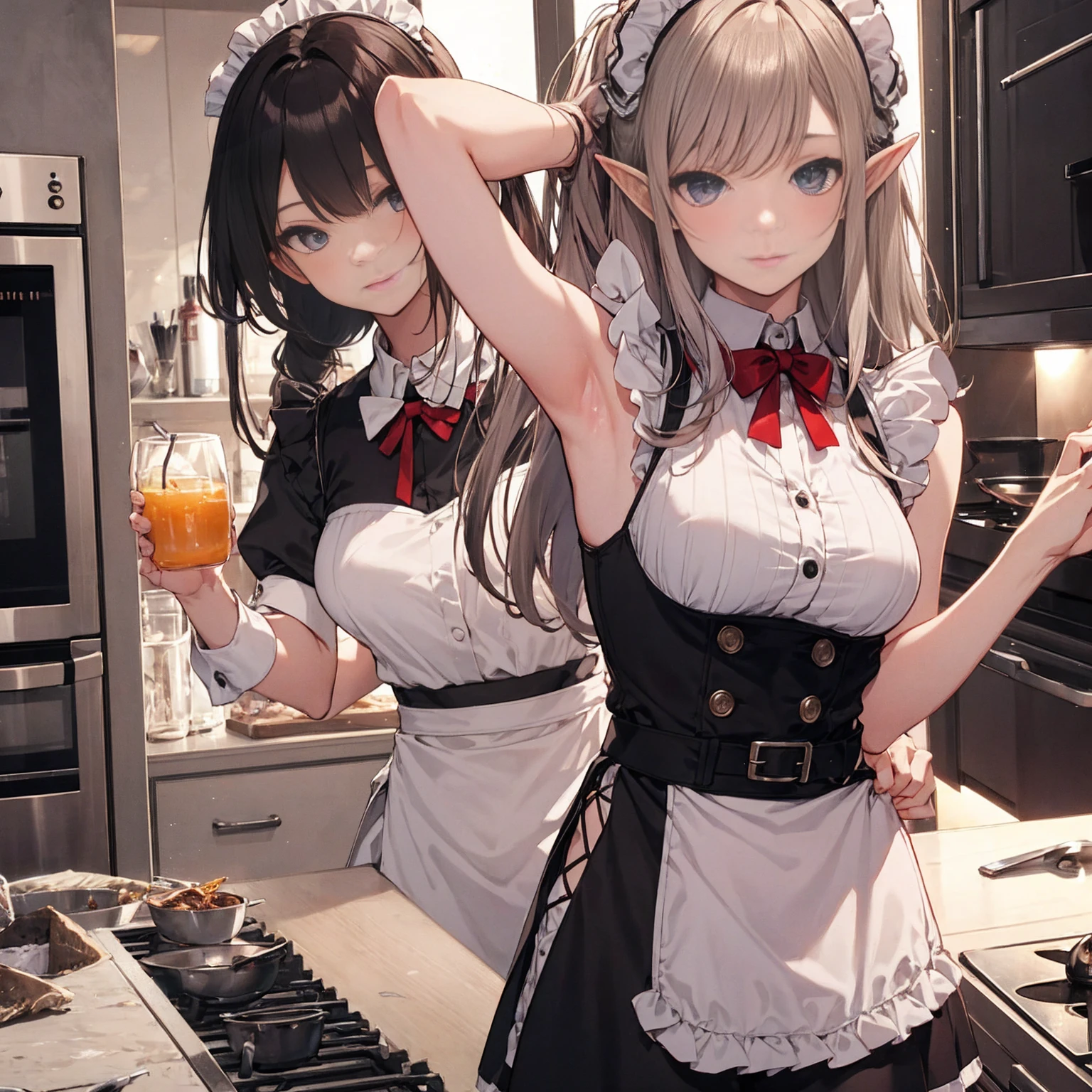 A maid, (in kitchen), various hair styles, night, details face, short skirt, seducing, sleeveless, maid uniform, armpits, elf