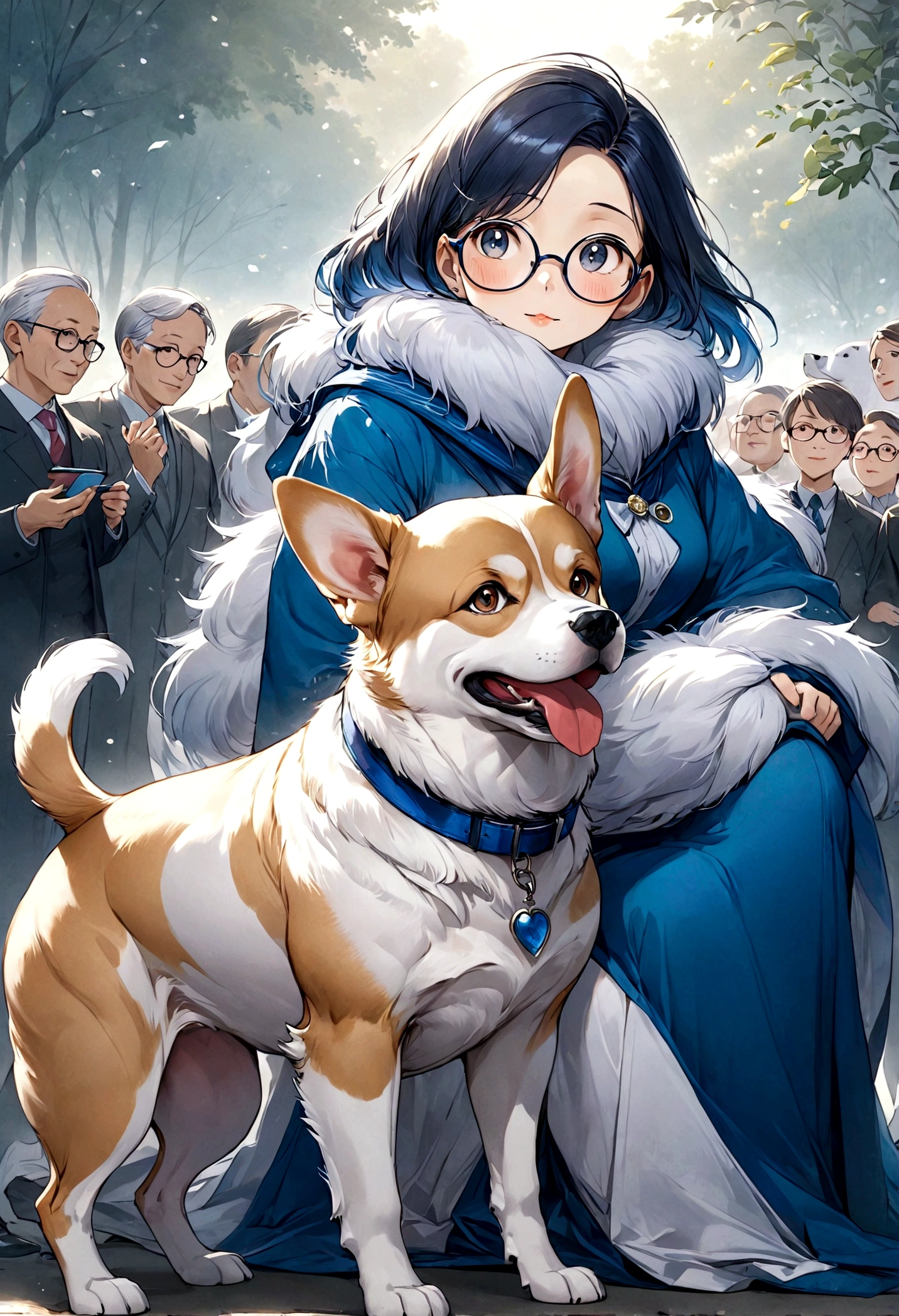 Create an image of a dog symbolizing the traits of a consul (ESFJ). The dog should be a Corgi, known for its friendly, loyal, and sociable nature. The dog should have a warm and welcoming expression, reflecting its dedication to community and family. It should appear in a setting that emphasizes hospitality and togetherness, such as hosting a gathering, celebrating an event, or providing support to others. The primary theme color should be blue, with the dog's fur or background featuring various shades of blue to highlight its nurturing and dependable nature. The dog should be wearing glasses to emphasize its thoughtful and caring personality. The overall atmosphere should reflect the dog's commitment to creating a harmonious and supportive environment, capturing the essence of a generous and influential personality type.