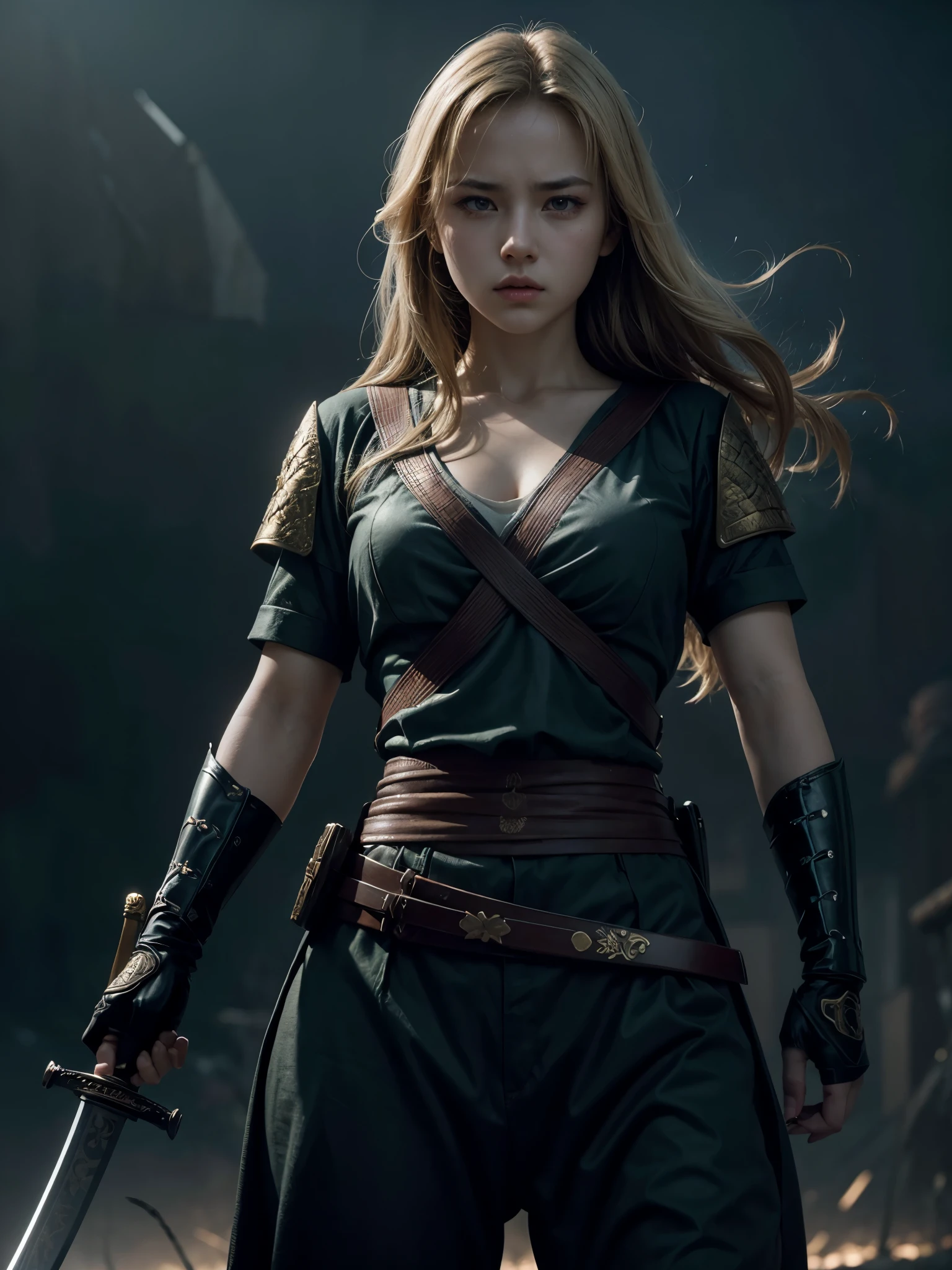 a beautiful young female rubia warrior with a katana sword, fighting against an evil empire, dramatic lighting, cinematic composition, hyper-detailed, intricate background, muted color palette, moody atmosphere, dynamic pose, intense expression, cinematic quality, digital art, photorealistic