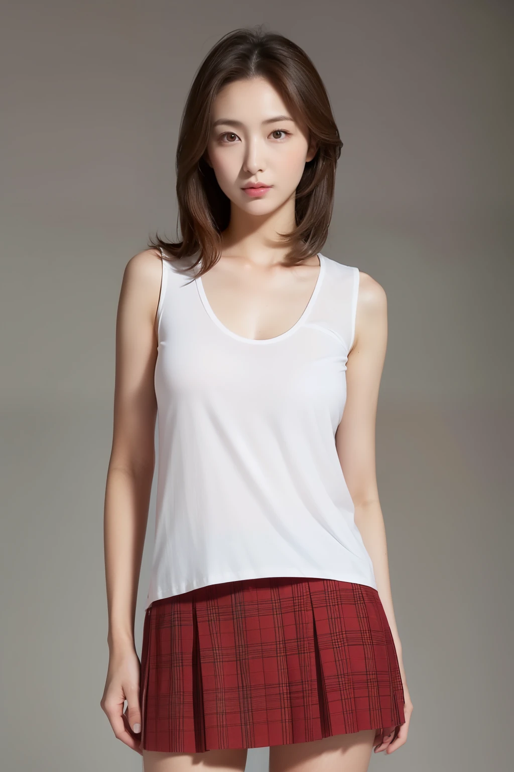 High resolution, high resolution, High detail, masterpiece, Rough skin, Anatomically correct, sharp, Gray background((Japanese beauty, 20-year-old)), alone, Mami-chan,Shapely large breasts, Straight light brown hair that reaches the shoulders, Slender figure (((Stand upright, Facing the center of the screen.))), Close your mouth and look ahead with a serious face, Pure white T-shirt, red plaid miniskirt, View from knees