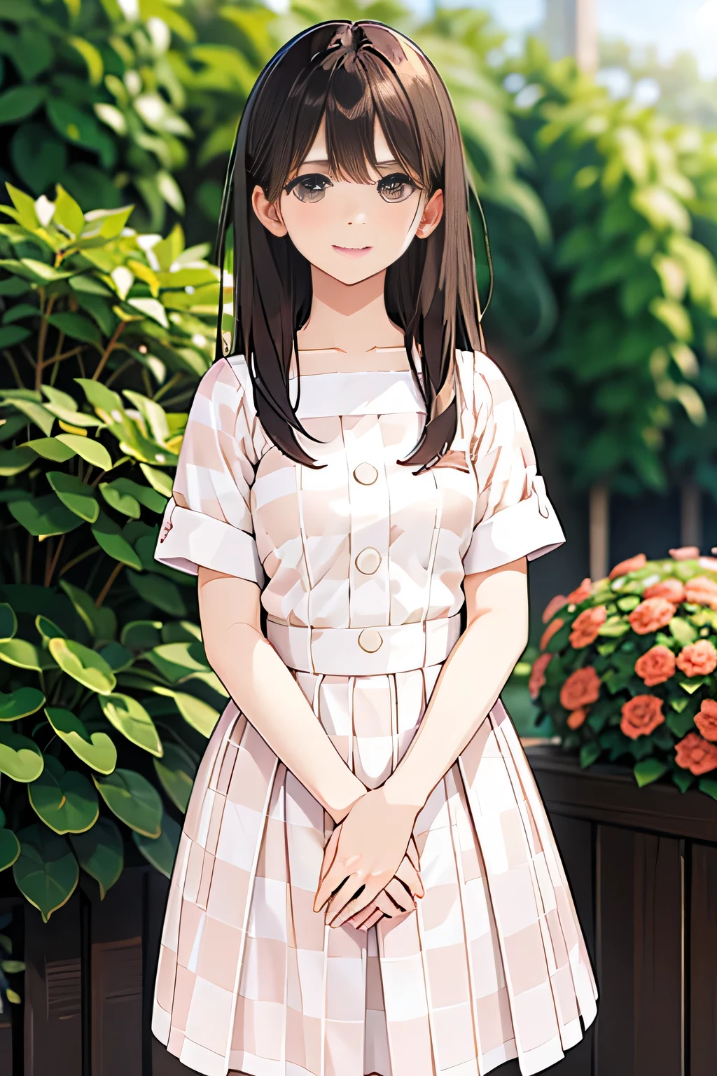 masterpiece, best quality, 1girl, nogizaka_costume, cowboy shot, thighs, beautiful girl, (flowers, many small petals, garden, blue sky), looking at viewer, small waist, official art, raw photo, incredibly absurdres, facelight, dynamic lighting, cinematic lighting, ultra realistic, highres, photography, sharp focus, highest detailed, extreme detailed, ultra detailed, finely detail, extremely detailed eyes and face