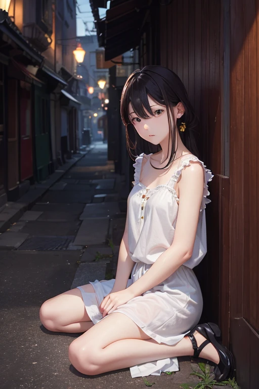 highest quality、masterpiece、High sensitivity、High resolution、One Woman、Looking at me with a frightened expression、Sitting down in a dimly lit alley、Threatened、His clothes were cut with a knife、