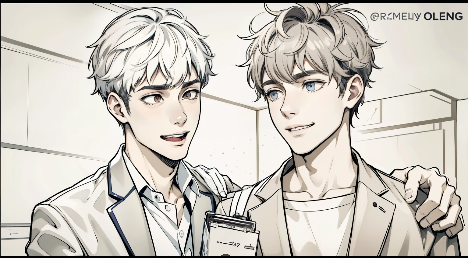 There are two handsome 18-year-old men, one of them is smiling, the other is worried and afraid.