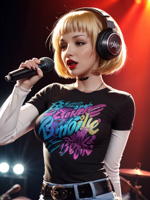 The face of Ariana grande, blonde hair,earrings ,lipstick, eye shadow, makeup, 1girl, solo, black t-shirt, white shirt, blue jeans, belt, lipstick, large breasts, layered sleeves, sexy pose, holding a microphone, singing, stage background, headphones