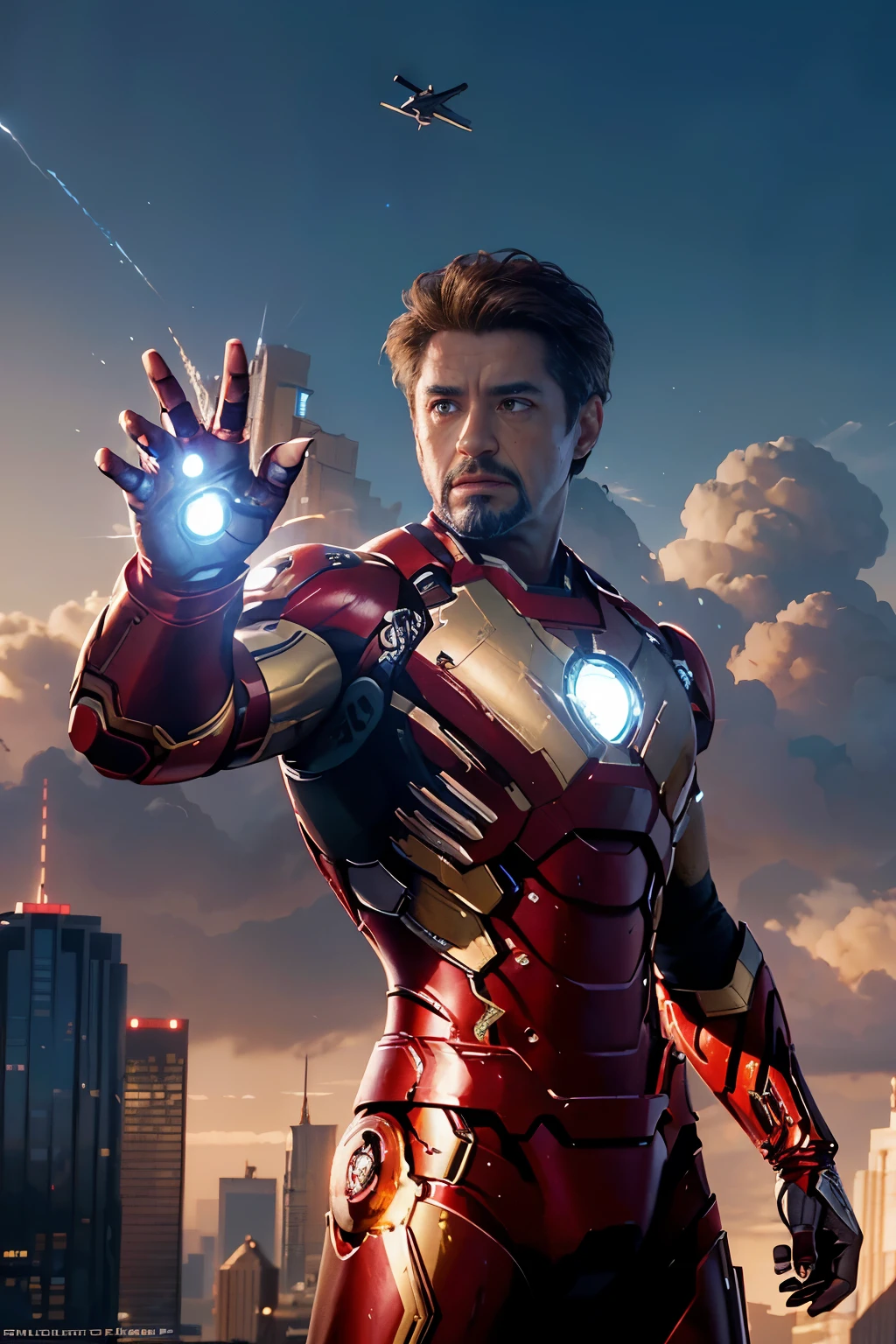 High-quality, photorealistic, ultra-detailed, and advanced 8K CG image of Iron Man soaring defiantly in the air, armed with the Infinity Gauntlet. With the backdrop of a cityscape that's recognizably New York, he casts an imposing figure, surveying the battle below that engulfs Earth's mightiest heroes.
Employing the latest technology such as NVIDIA RTX, Unreal 5, PBR Texturing, and sub-surface Scattering, this masterpiece showcases Iron Man's sleek armor glistening under the dynamic poses and the light's powerful reflections. The Infinity Ga