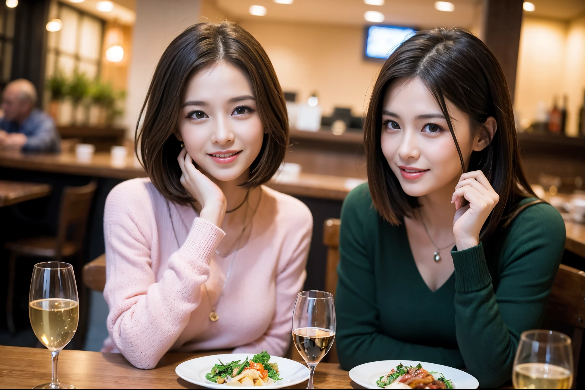 ((highest quality、8k、masterpiece:1.3))、1 male 1 female、石原さとみ似美女Couple、lover、Couple、The body is slim、full-course dinner、テーブルの上のwine glass、Put the light on your face、 Amazing view of the sunset sky and clouds、A bright smile、The wonderfulness of smile、Bright image、 short hair,Bright Face、 (Age 37), "41 years old, red wine 、Appetizers、Italian food、Wine bottle、Champagne、sparkling wine、Two beauties、Brown Hair、Shortcuts、Long sleeve shirt、dress、Pretty Woman 1, (slimな顔), (The body is slim), (Brown Hair), (Shortcuts), cheeks turn a little red,Attractive beauty、restaurant, In a prominent place (From the waist up) Nova Frog Style, actress, model, Upper Body, White wine, slim, wine glass, 中央に置かれたwine glass, smile, (smile: 1.15), Beautiful fine grain, Depth f/2,saturation, High Contrast, Strong light and shadow,Moist Body:1.5、3D texture、Delicate eyes、Brown Hair、The hair is very shiny、