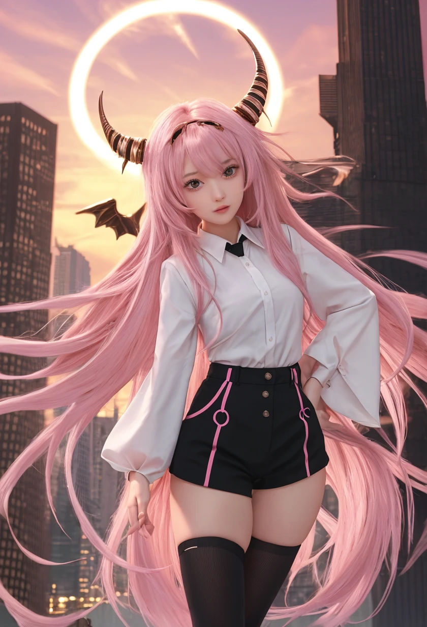 honkai impact, herrscher of thunder, very long hair, full body, pink hair, Sakura petals, Sakura long hair, great long horn, big demon wings, long tail, big tail, great tail, long wings, wings of demons.