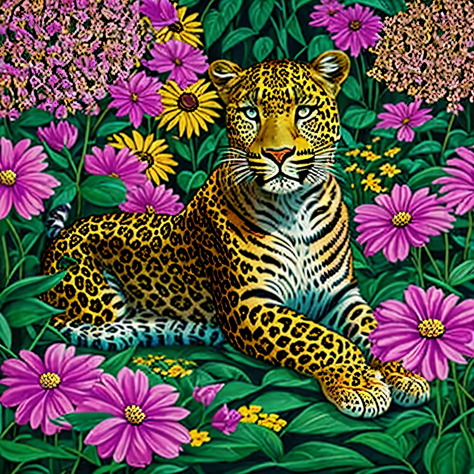 A full-length leopard sits regally among flowers, with a pop art painting by Annabel Kidston, winner of the behance competition, "naive art", "maximalism", "fauvism", "pop art".