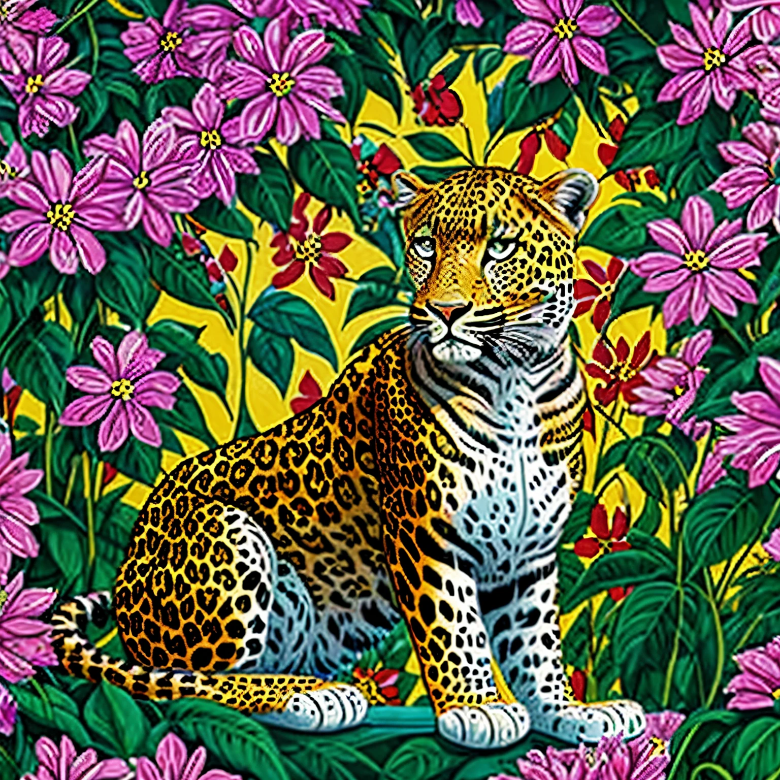 A full-length leopard sits regally among flowers, with a pop art painting by Annabel Kidston, winner of the behance competition, "naive art", "maximalism", "fauvism", "pop art".