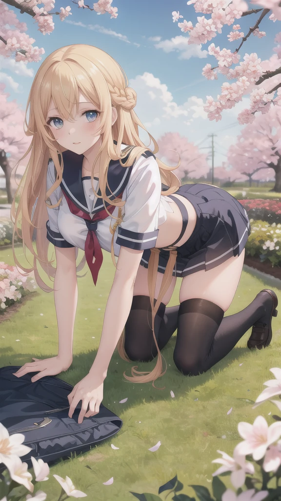 masterpiece,best quality,highres,ultra-detailed,(facing_viewer:1.1), (full body), solo, 1girl, medium_breasts, straight_long_hair, outdoors, garden, cherry blossom trees,all fours,crawling, infinite_stratos_school_uniform,