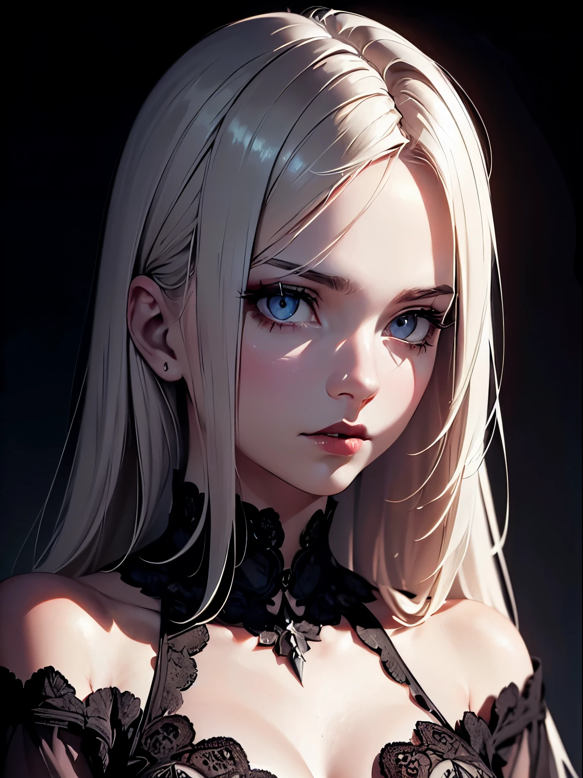 (best quality, masterpiece:1.2, ultra high res, high detail, realistic, photorealistic:1.4), raw photo, 1girl, offshoulder dress, in the dark, mysterious atmosphere, deep shadows, low key lighting, cold tones, detailed skin, (pale white skin:1.2) expressive eyes, luscious lips, (dark black lips:1.2) flowing hair, ethereal beauty, subtle highlights, moody ambiance, soft and diffused lighting, captivating gaze, delicate features, graceful pose, enchanting darkness, dramatic contrast, mesmerizing shadows, cinematic composition, evoking emotion, hauntingly beautiful, intricate details, fine art aesthetic.