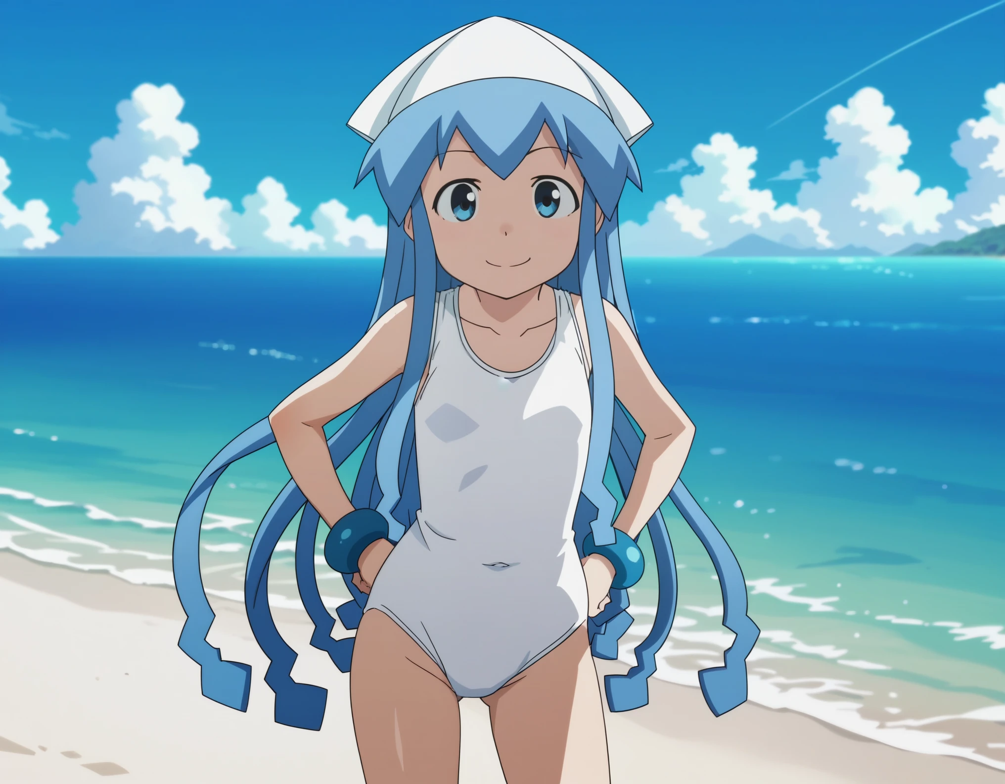 score_9, score_8_up, score_7_up, score_6_up, anime screencap, ikamusume, white swimsuit, blue hair, blue eyes, blue bracelet, squid hat, tentacle hair, one-piece swimsuit, ocean background, hands on hips, bent forward, looking at viewer, smile,