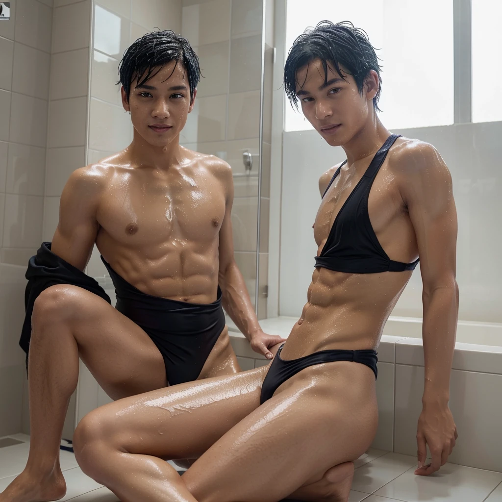 Pretty Wet Japanese feminine boy in black adidas onepiece swimsuit , black High-cut racing back one piece swimsuit , solo, cute smile, Boy with wet short black hair, very white skin, the boy has a  look, looking_at_viewer, Cool boy, blue and purple one piece swimsuit , shiny_hair, water, indoors, garments:High-cut one piece swimsuit , shower, a boy with slim waist, small abs, one boy sitting on the shower wearing black adidas one piece swimsuit  in split, showing his   with wild 