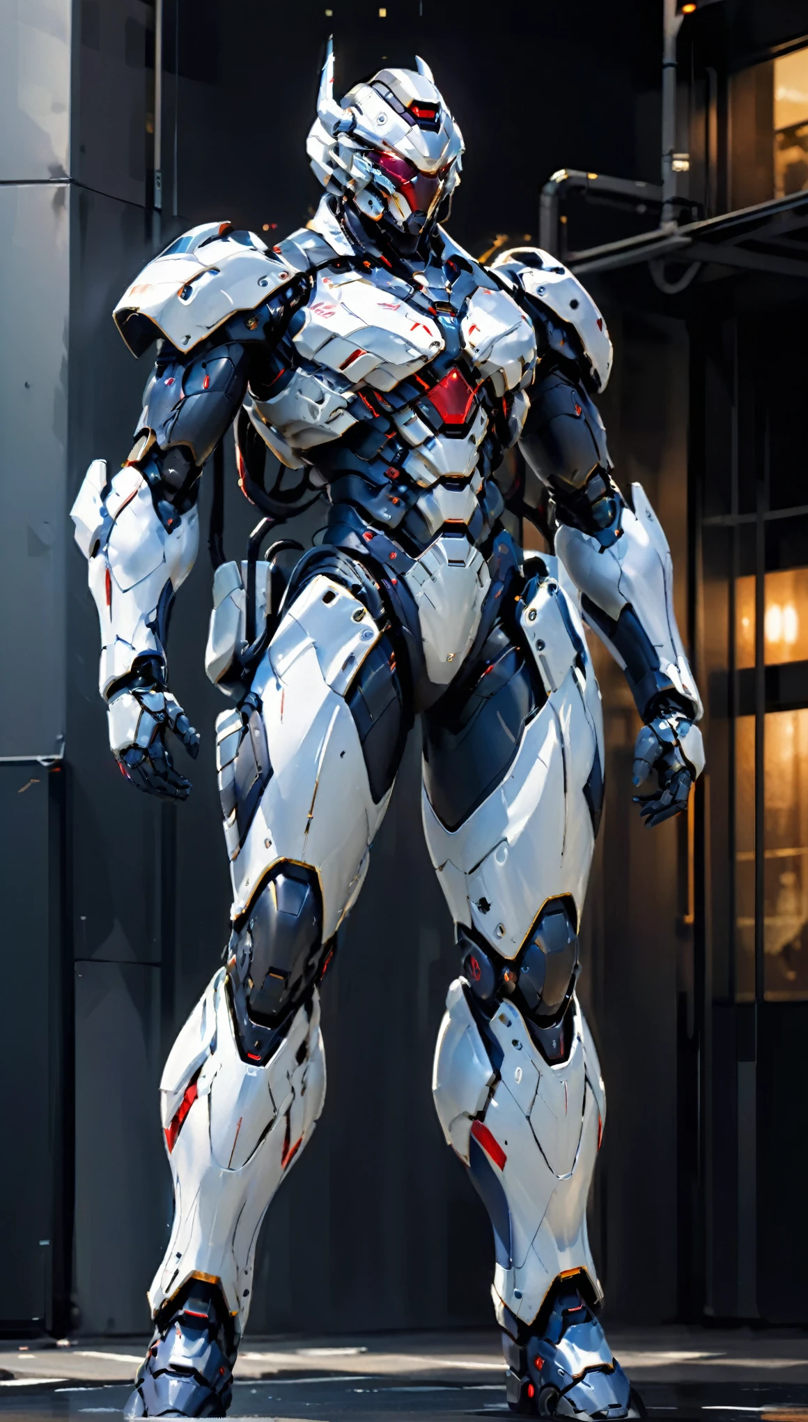 Humanoid Mecha, fully enclosed shoulder guards, matching arm and leg guards, full body, full armor, the design balances heavy with agility, (the color scheme is primarily white with red and blue accents, the concept Inspired by Super robot, organic biotech armor, standing, floating high above the futuristic sci-fi city), exquisite and mature art style, (aura effect, energy, glowing eyes, the armor glows), ((SRS)), metallic, dynamic, dramatic, high definition, best quality, highres, ultra-detailed, ultra-fine painting, extremely delicate, professional, perfect body proportions, anatomically correct, symmetrical face, extremely detailed eyes and face, high quality eyes, creativity, RAW photo, UHD, 32k, Natural light, cinematic lighting, masterpiece-anatomy-perfect, masterpiece:1.5