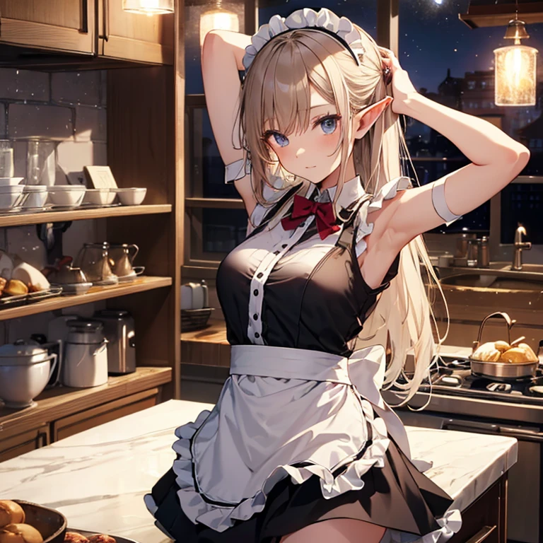 A maid, (in kitchen), various hair styles, night, details face, short skirt, seducing, sleeveless, maid uniform, armpits, elf