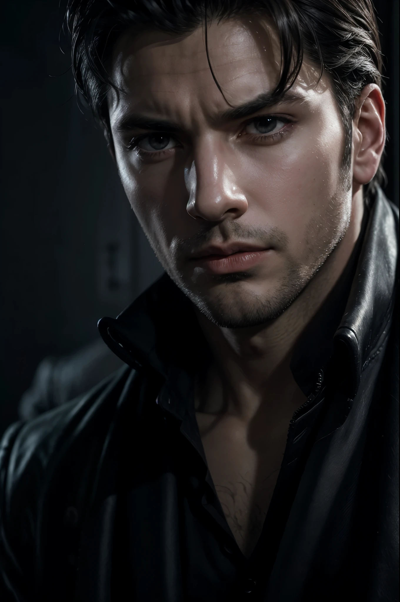 a handsome dark-haired man, thief and con artist who helps his partner defy the empire, dark moody lighting, dramatic chiaroscuro, cinematic composition, highly detailed portrait, realistic, photorealistic, HDR, 8k, best quality, masterpiece