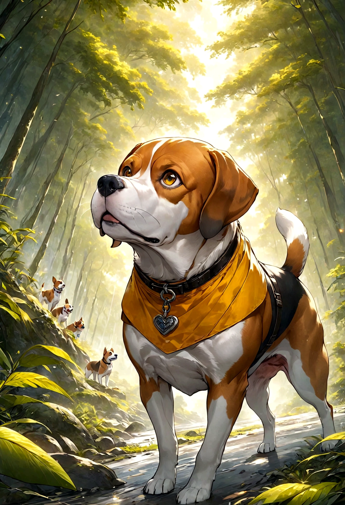 Create an image of a dog symbolizing the traits of an adventurer (ISFP). The dog should be a Beagle, known for its curiosity, playfulness, and affectionate nature. The dog should have an expressive and vibrant appearance, reflecting its love for exploration and creativity. It should appear in a setting that emphasizes self-expression and spontaneity, such as a colorful outdoor environment with various objects that reflect a sense of adventure and discovery. The primary theme color should be yellow, with the dog's fur or background featuring various shades of yellow to highlight its joyful and artistic nature. The overall atmosphere should reflect the dog's flexibility, curiosity, and zest for life, capturing the essence of a free-spirited and dynamic personality type.