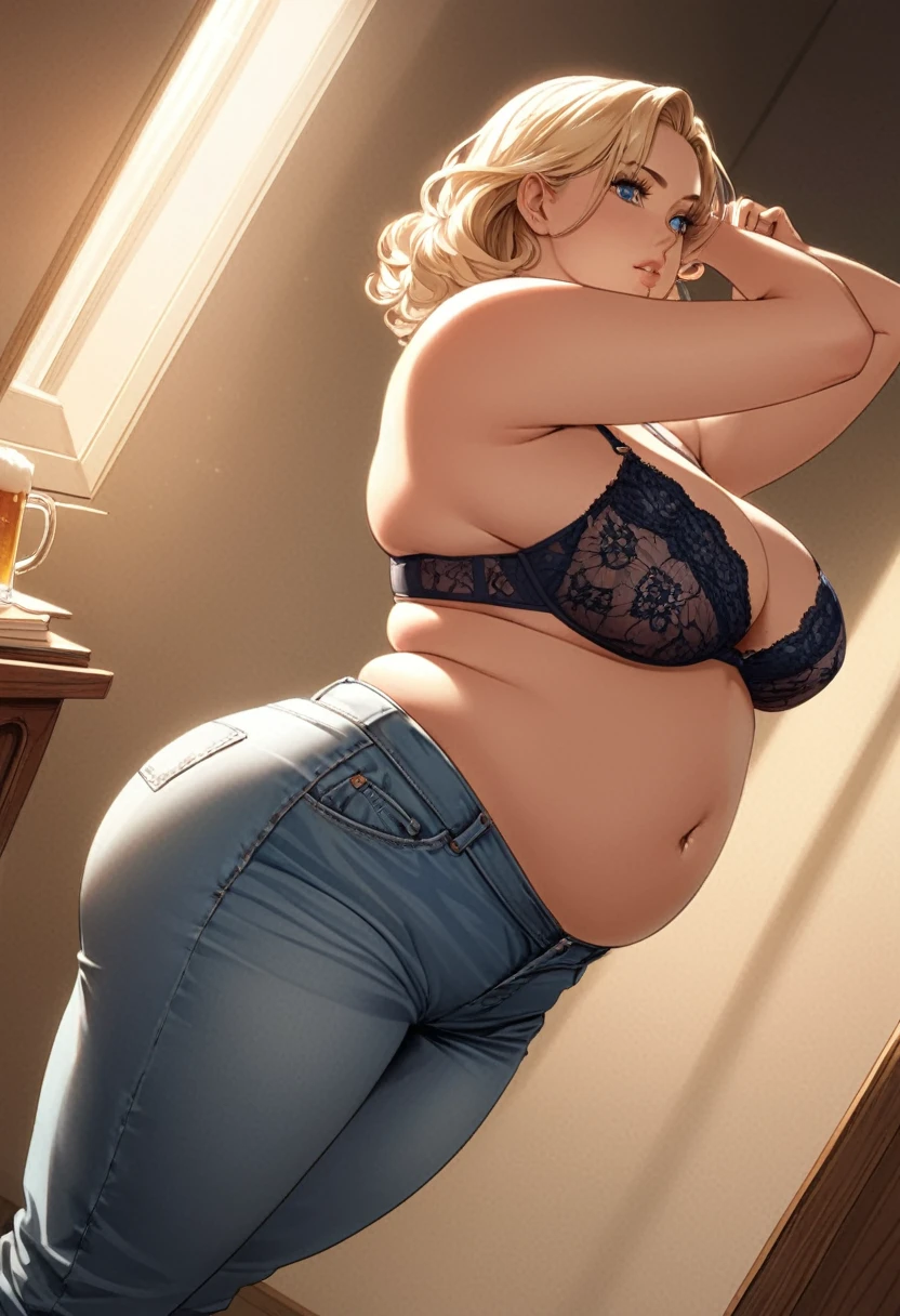 detailed illustration (side view),dynamic angle, ultra-detailed, illustration, clean line art, shading, anime, detailed eyes, detailed face, beautiful face, dramatic lighting, detailed illustration, dynamic angle, ultra-detailed, illustration, sensual face, gorgeous face, embarrassing look on face, trying to cover self,

Mom bod, woman in her late 30’s, milf, open bath robe, bra, mom jeans, thick, plump, blue eyes, blonde hair, pear shaped body, big ass, massive sagging full tits, clothes tight, magical effects, magical sparkling, wide hips, beer belly, chubby,