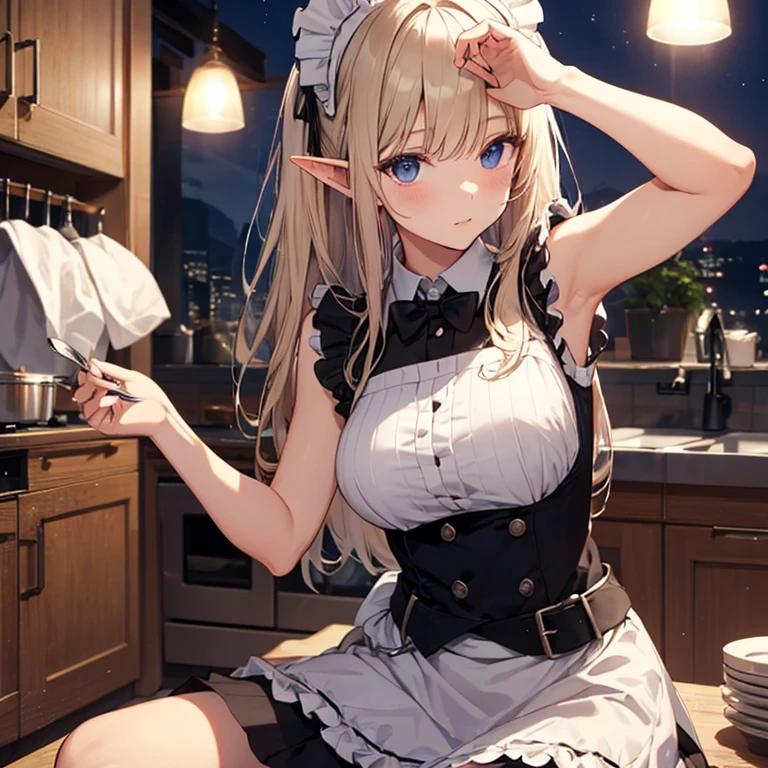 A maid, (in kitchen), various hair styles, night, details face, short skirt, seducing, sleeveless, maid uniform, armpits, elf