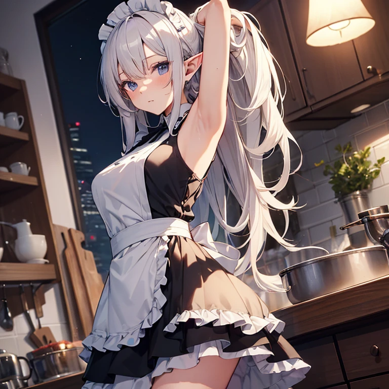 A maid, (in kitchen), various hair styles, night, details face, short skirt, seducing, sleeveless, maid uniform, armpits, elf