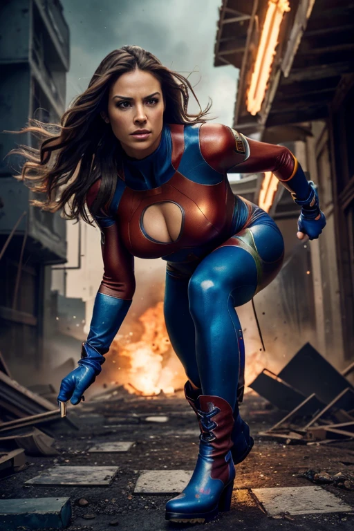 (best quality,4k,8k,highres,masterpiece:1.2), ultra-detailed, (realistic,photorealistic,photo-realistic:1.37), HDR, UHD, studio lighting, extreme detail description, professional, vivid colors, bokeh, women's hero, brown hair, wearing red spandex suit, with no skin showing, has blue circle on her chest, wearing blue gloves, wearing blue boots, confident, heroic pose, vibrant background, greenery, dynamic action, intense expression, atmospheric lighting, surreal, bold strokes of paint, intense shadows and highlights, mysterious ambiance, epic scene, and lives in destroyed city