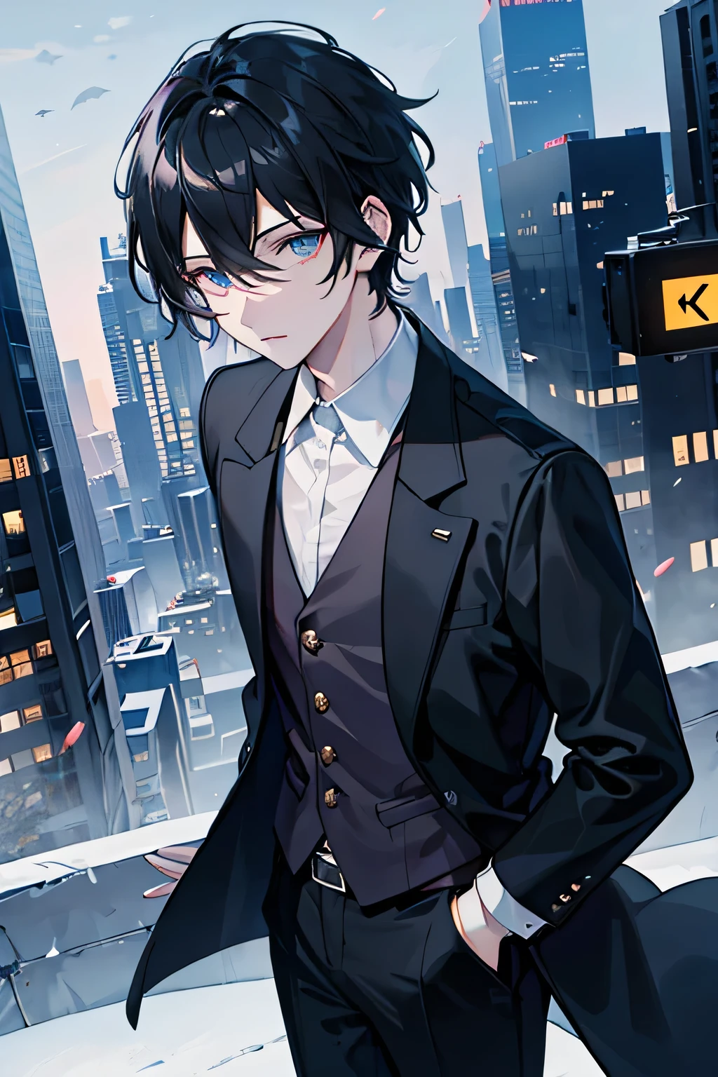 man　black hair　conjunctivitis　coat　Check the slacks　vest　coat　address in city　building　skyscraper　　mask　night view 　rush hour　look up　cool　Masterpiece　Highest picture quality　noise elimination　Clear Parts 　movie shadow　Increase the attractiveness of the eyes　Clear Parts the shine of the eyes　Draw your eyelashes neatly.　perfect eyes　Detailed eyes　Make the image quality sharper　Make your eyes sharper　Clear Parts eye shape